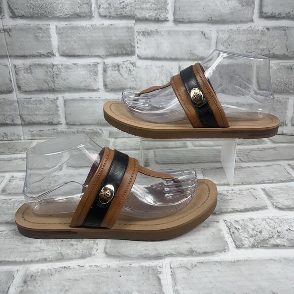 Coach Eileen Women's 9.5 Saddle Brown and Black Leather Comfort Thong Flip Flop - Picture 1 of 12